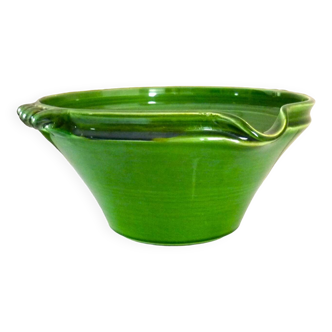 Tian, bowl or sandstone in green enameled ceramic, braided handles, signed Dieulefit