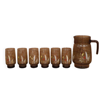 Set of 6 Orangeade Glasses and Smoked Pitcher with Arcoroc Ear of Wheat Decor