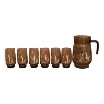 Set of 6 Orangeade Glasses and Smoked Pitcher with Arcoroc Ear of Wheat Decor