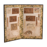 Ancient Japanese folding screen with two panels featuring painted collages – Japan, circa 1900