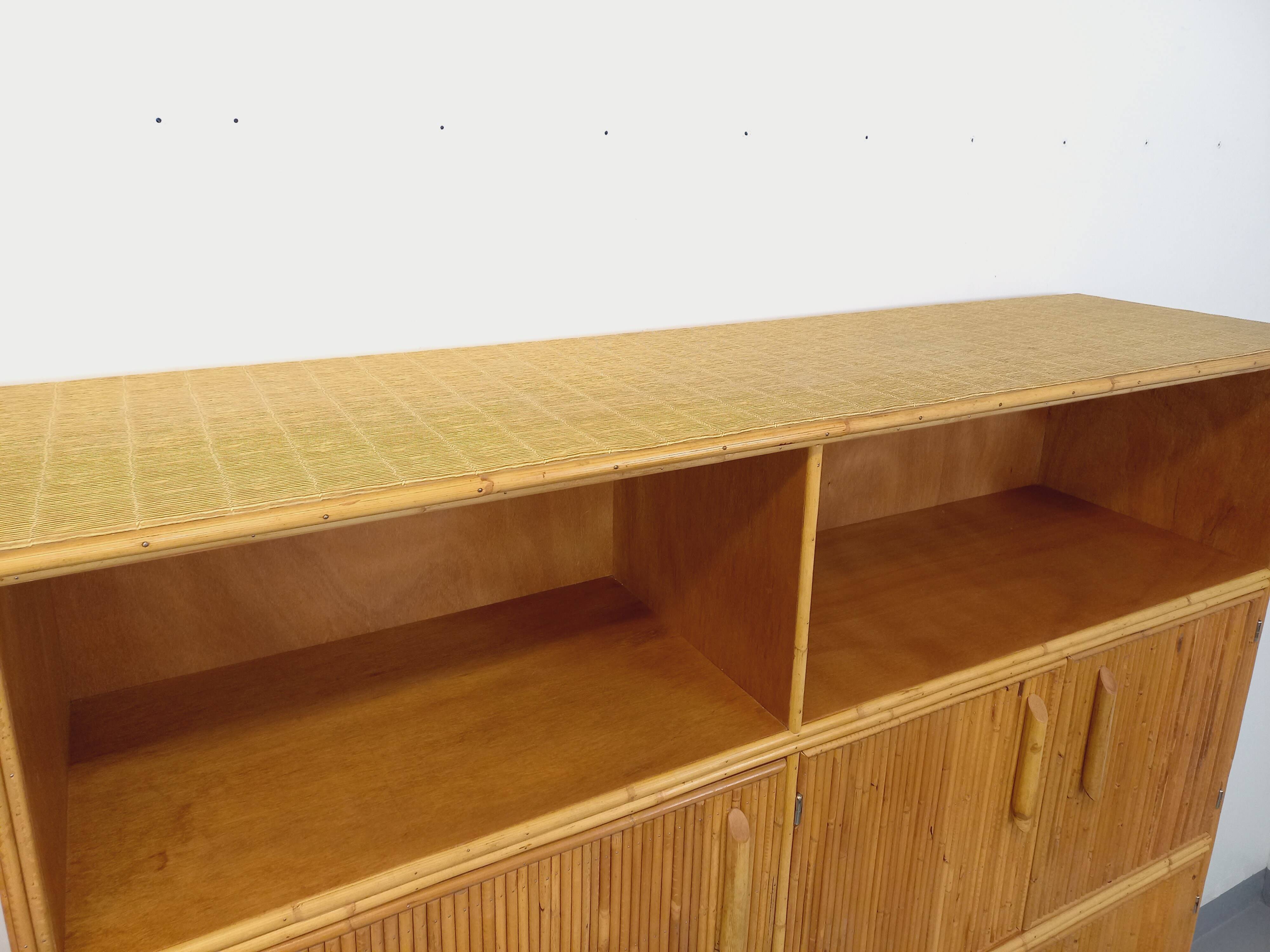 Vintage rattan and light wood storage unit from the 60s