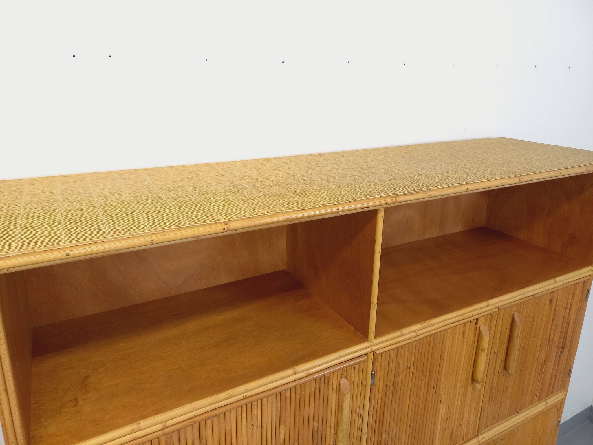 Vintage rattan and light wood storage unit from the 60s