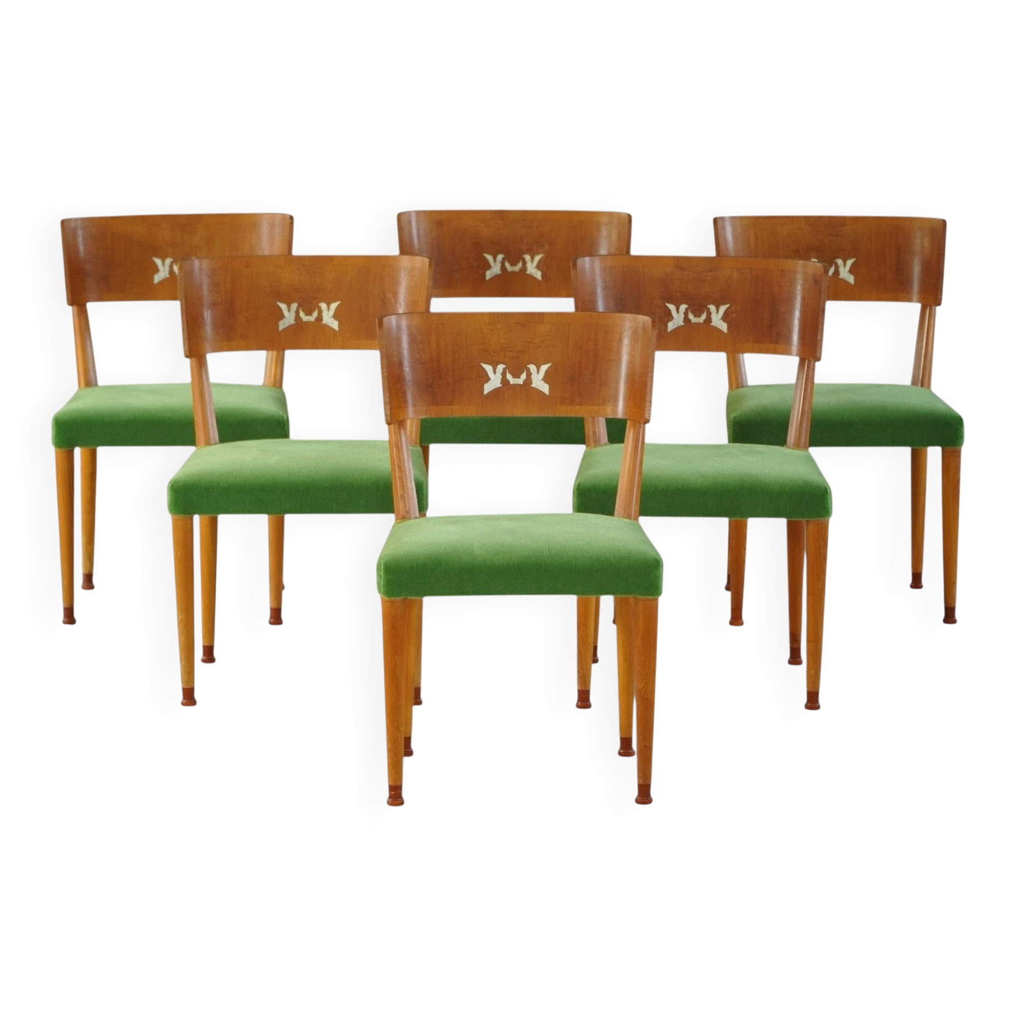 Swedish Art Deco, set of 6 "klismos" chairs, birch and mohair, griffin inlays, 1930s.