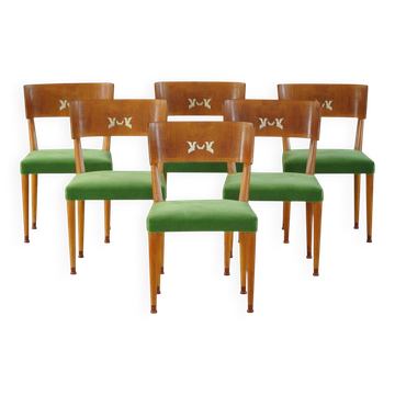 Swedish Art Deco, set of 6 "klismos" chairs, birch and mohair, griffin inlays, 1930s.