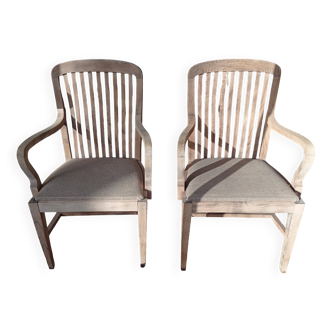 Pair of oak and linen armchairs