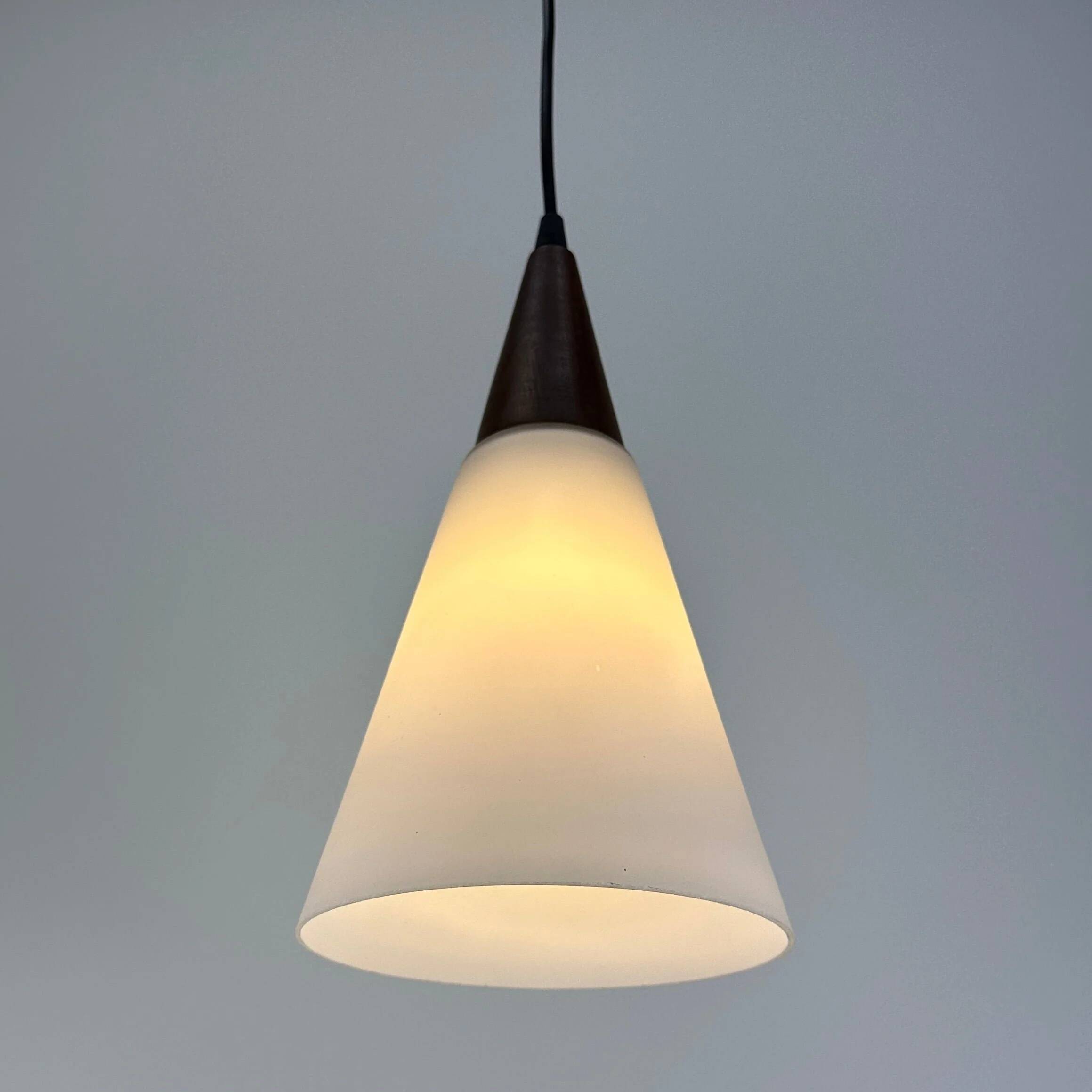 Suspended light fixture in frosted glass and wood by Philips 1950