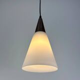 Suspended light fixture in frosted glass and wood by Philips 1950