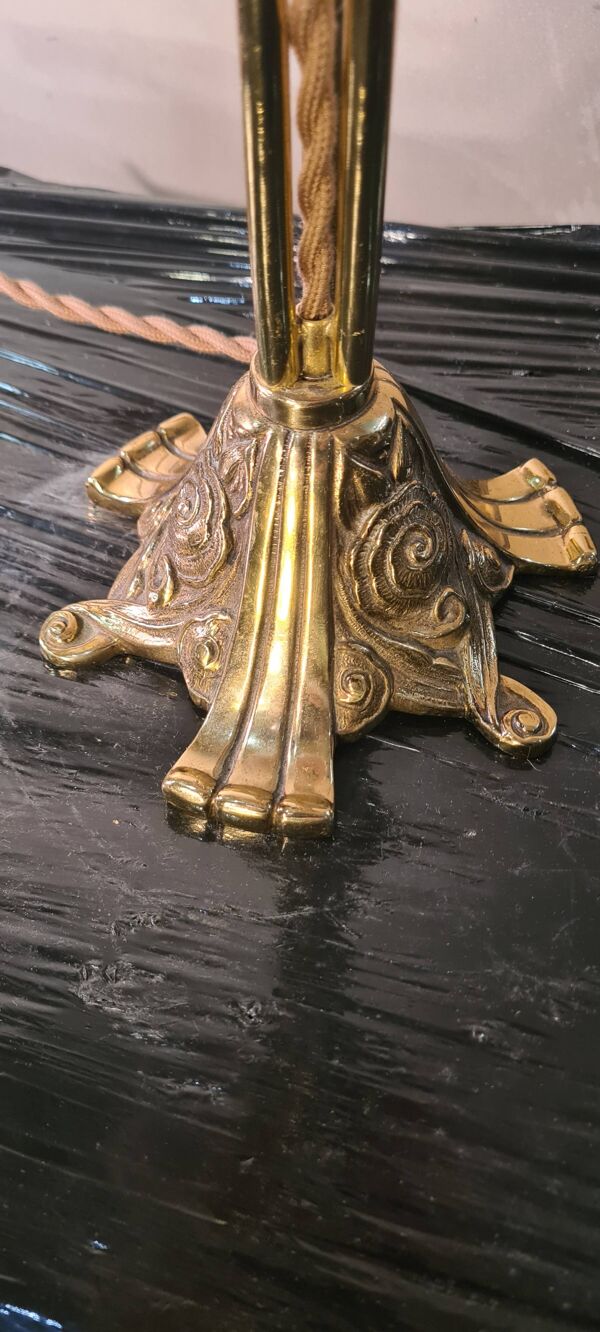 Lampe 1920 bronze abat-jour en verre teinté rose & gravé à l'acide art nouveau 63x30