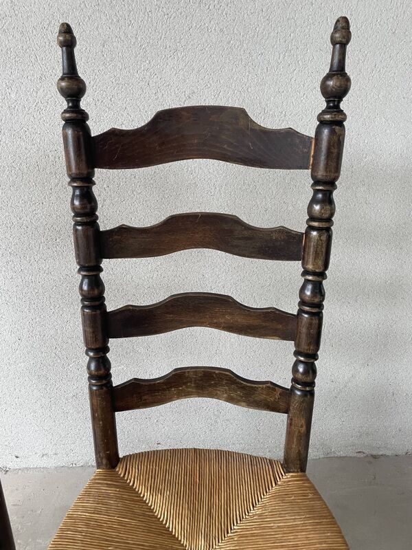 Chaise style campagnard bois massif et paille 1950