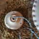 Suspension in white lace opaline, sky blue cable.