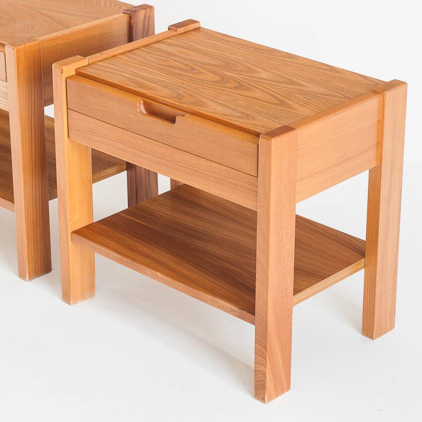 Pair of vintage bedside tables. Elm wood. France, 1970s