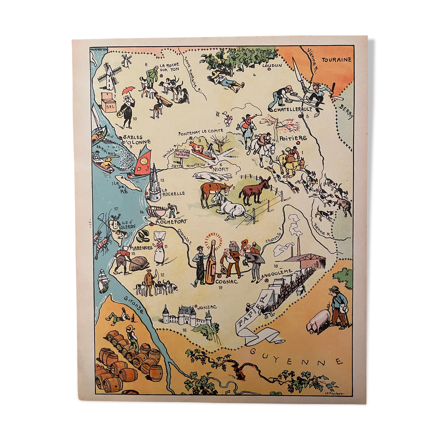 Old illustrated map of the Vendée Poitou Charentes regions - JP Pinchon