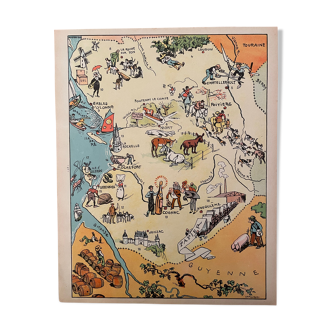 Old illustrated map of the Vendée Poitou Charentes regions - JP Pinchon