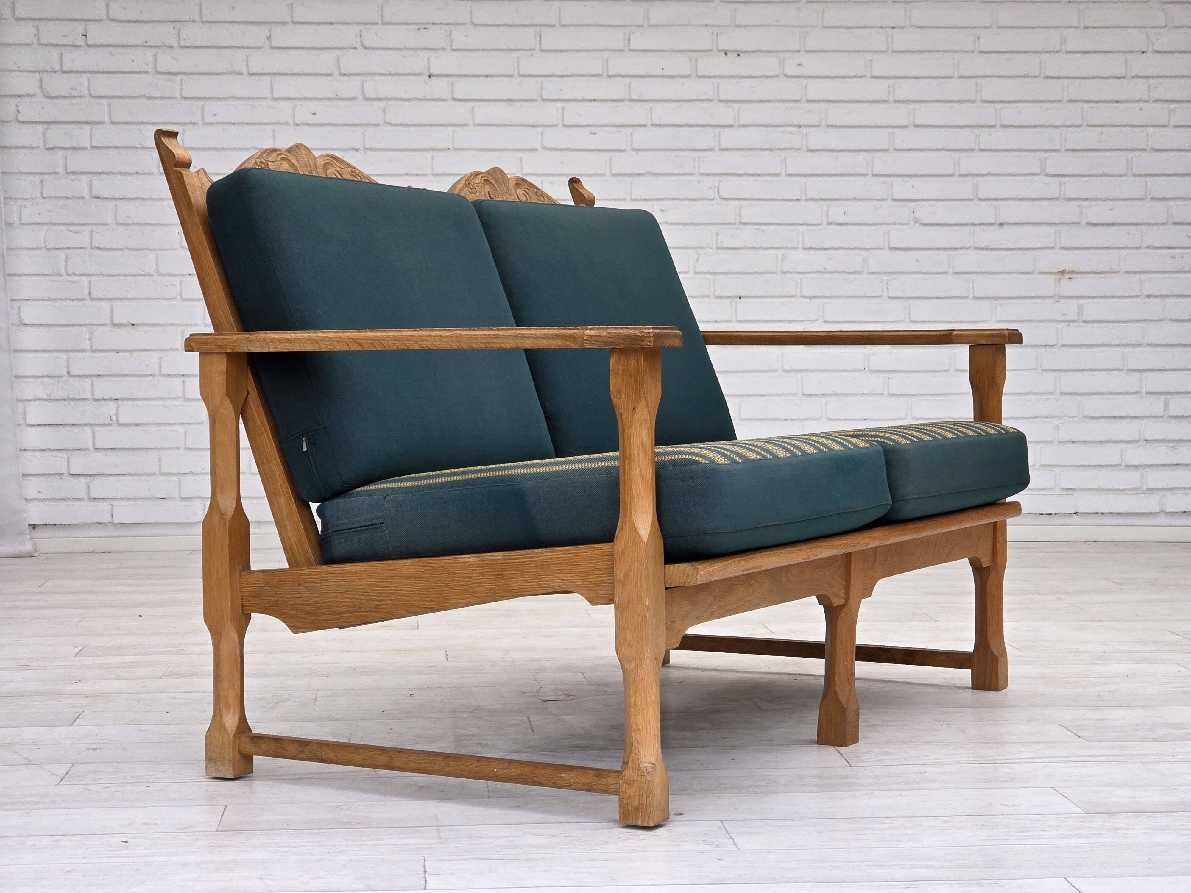 1970s, Scandinavian 2-seater sofa, furniture wool, solid oak wood.
