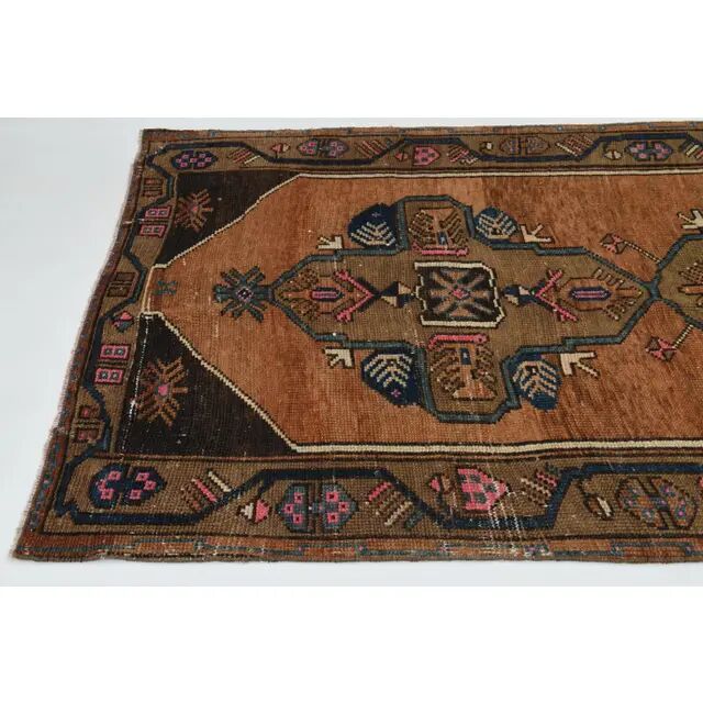 Vintage Turkish Oushak Handmade Wool Cotton Brown Runner Rug 128296