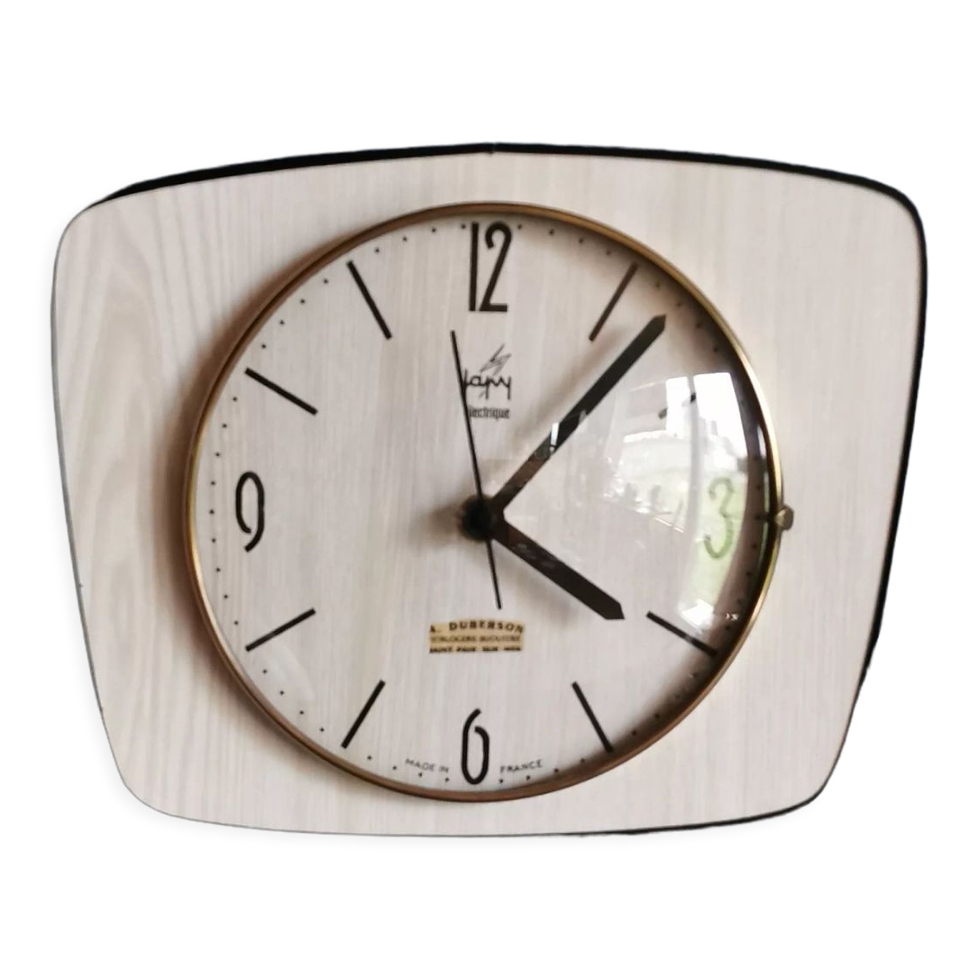 Vintage formica clock silent trapeze wall clock "Maple Electric Japy"