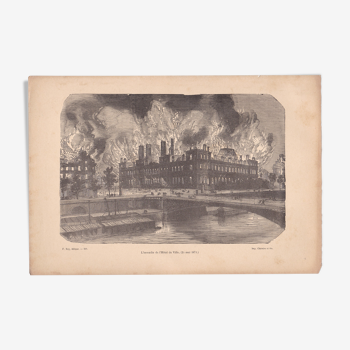 Une illustration papier, image d'époque  l'incendie de l'Hôtel de ville  Paris ( lire description )