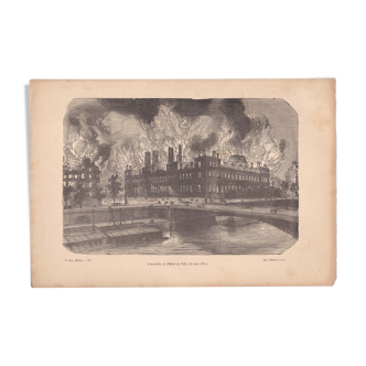 A paper illustration, period image of the fire of the Paris City Hall (read description)