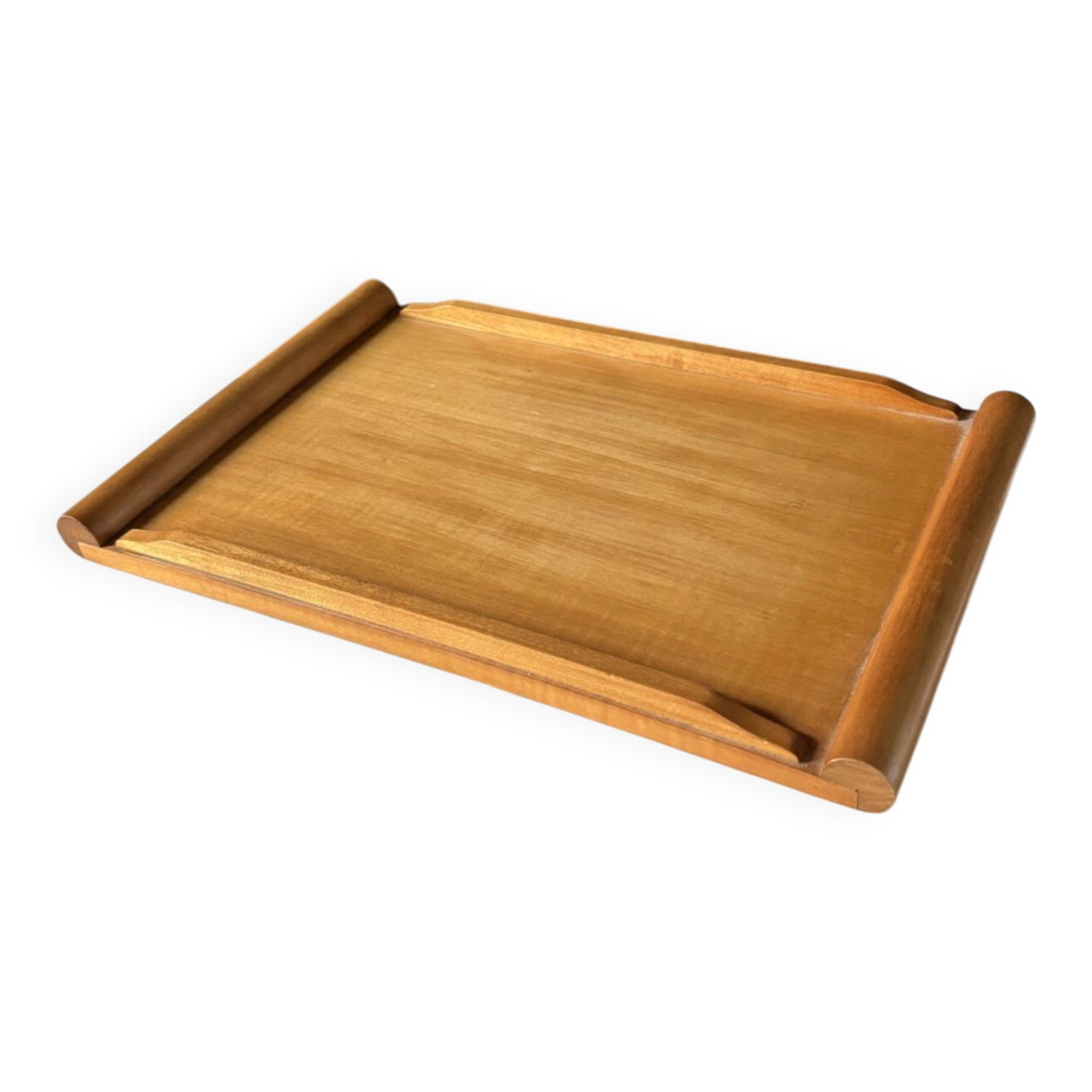 Vintage wooden plateau in Scandinavian style from the 60s — cylindrical handles.