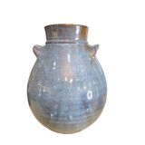 Blue glazed stoneware vase – Squat shape with handles – Handmade craftsmanship
