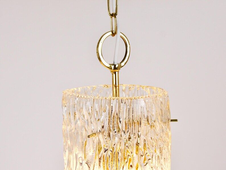 J.T. Kalmar Vienna Midcentury Textured Ice Glass Tube Brass Pendant Lamp, Austria, 1950s