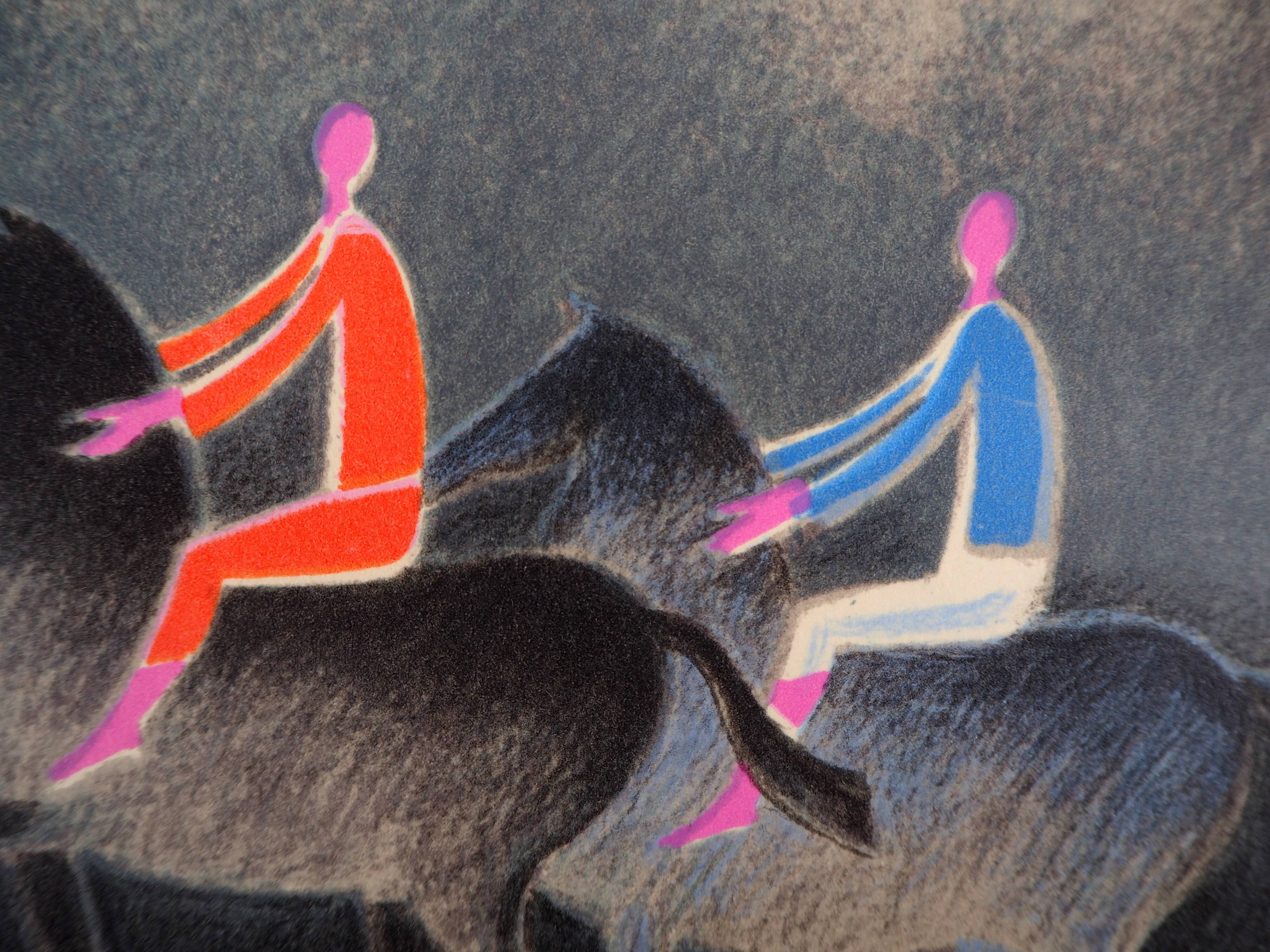 Albert Zavaro: couple of horse riders on a stroll - original lithograph s