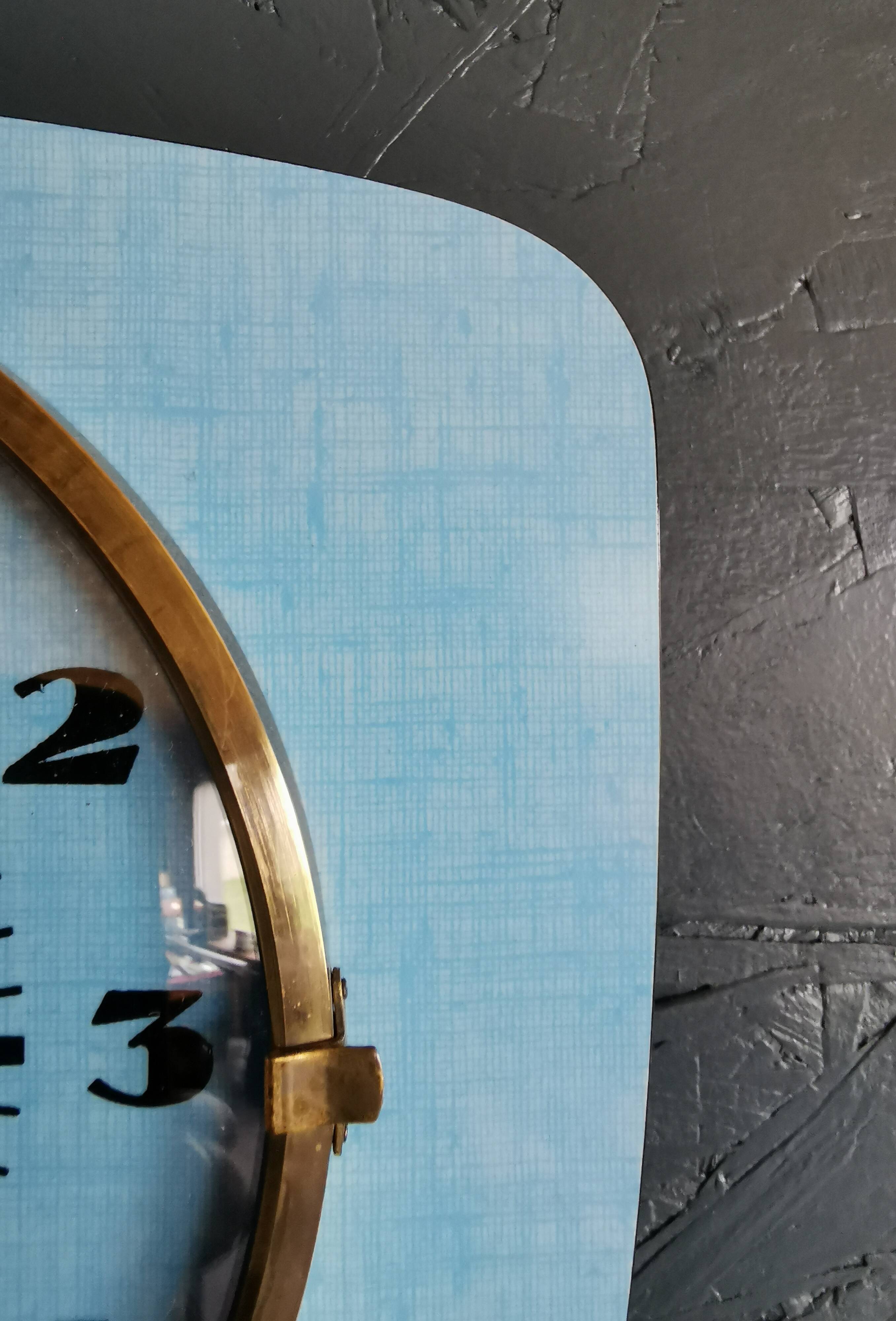 Vintage formica clock rectangular silent wall pendulum "Trophy blue"