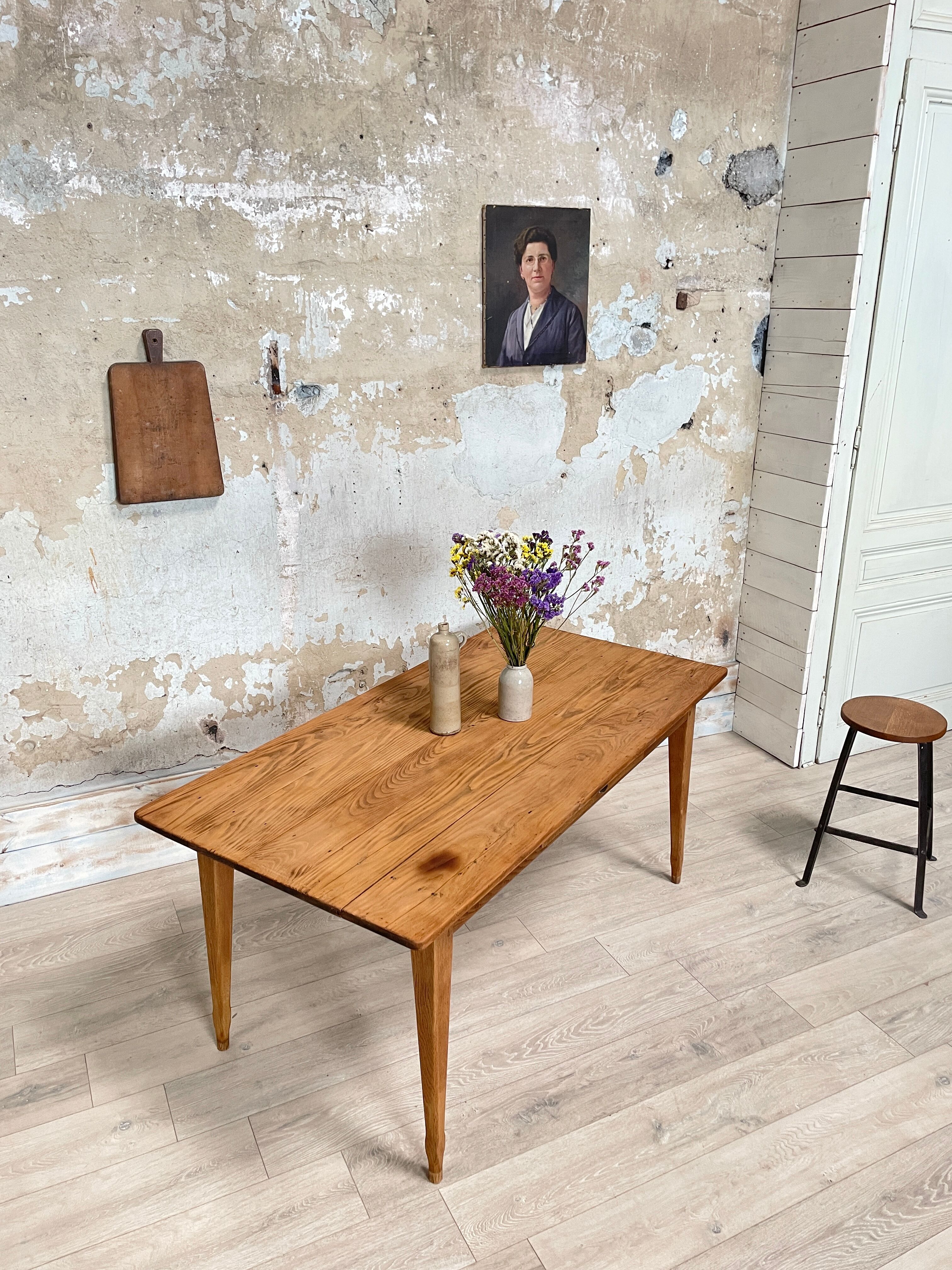 Vintage farmhouse table with spindle legs.