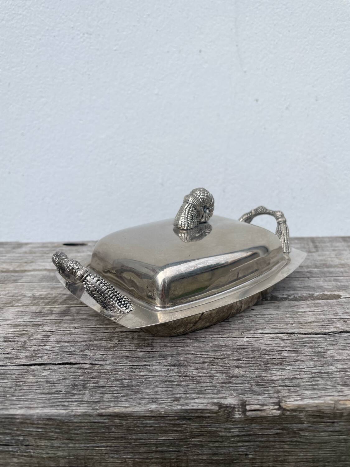 Silver metal pompom butter dish