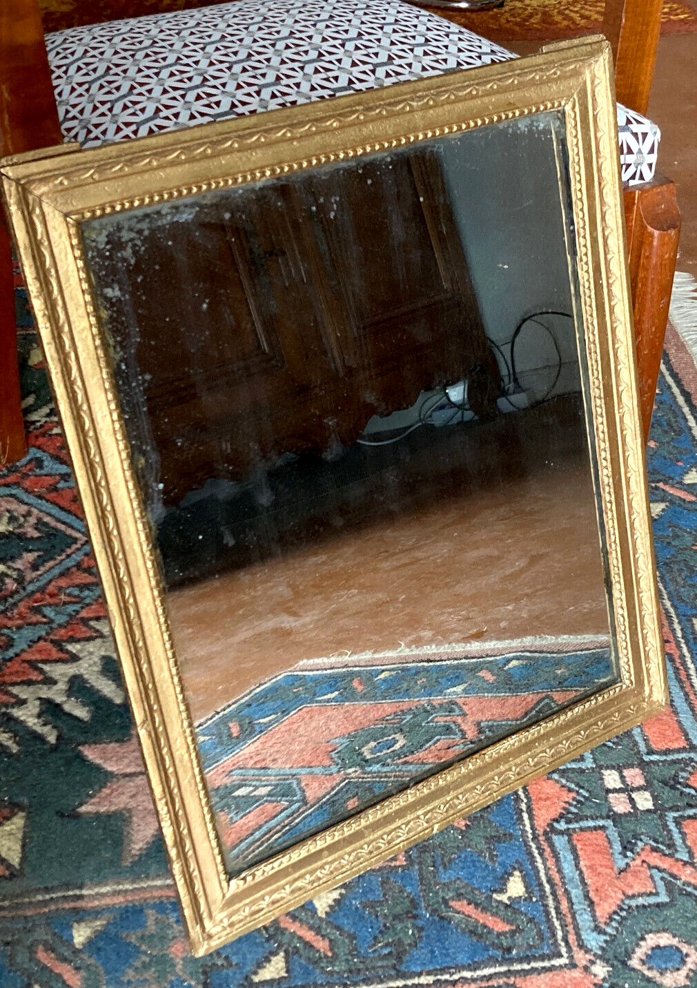 Old rectangular golden mirror baguette with beaded row