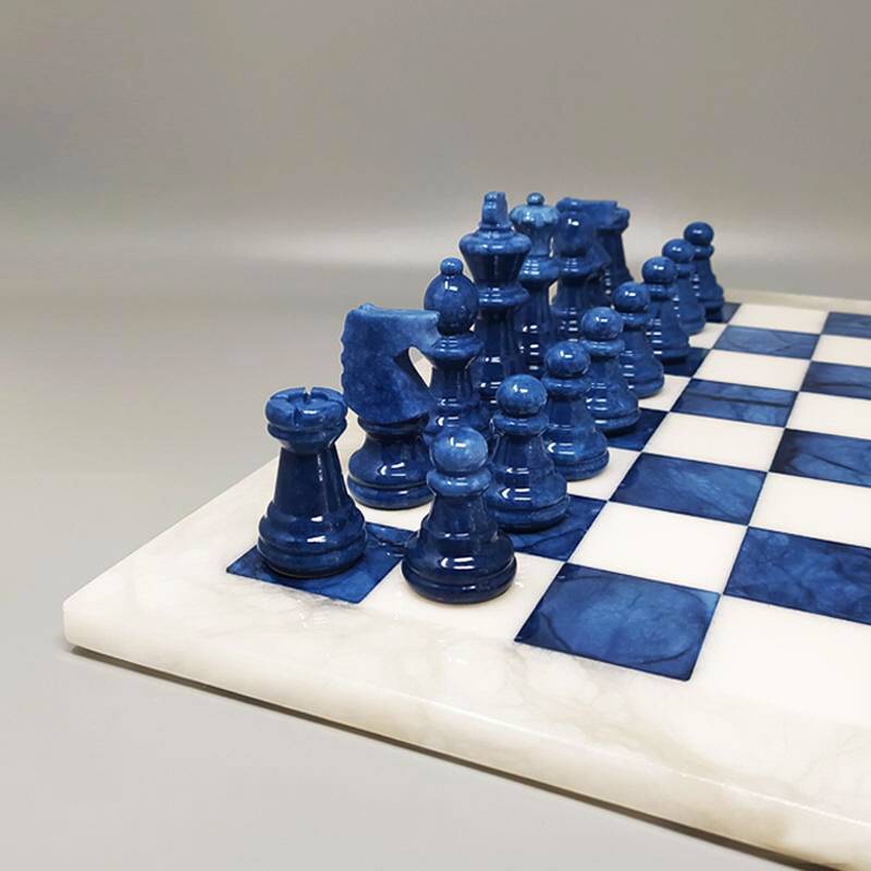 1970s Blue and White Chess Set in Volterra Alabaster Handmade. Made