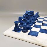 1970s Blue and White Chess Set in Volterra Alabaster Handmade. Made