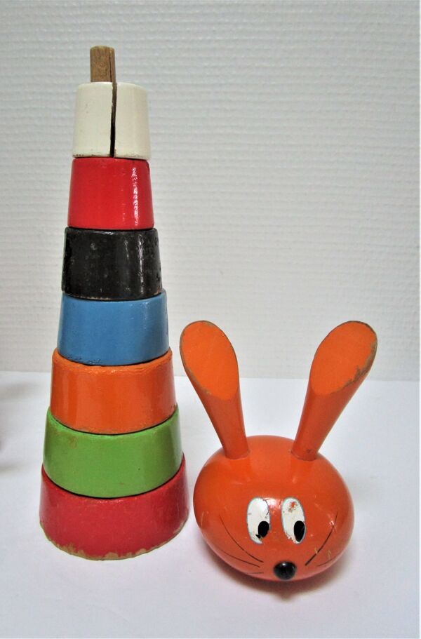 Trois jouets bois chouette escargot lapin design vintage fmf kouvalias