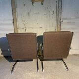 Pair of 70s designer armchairs/chairs in chrome and brown fabric