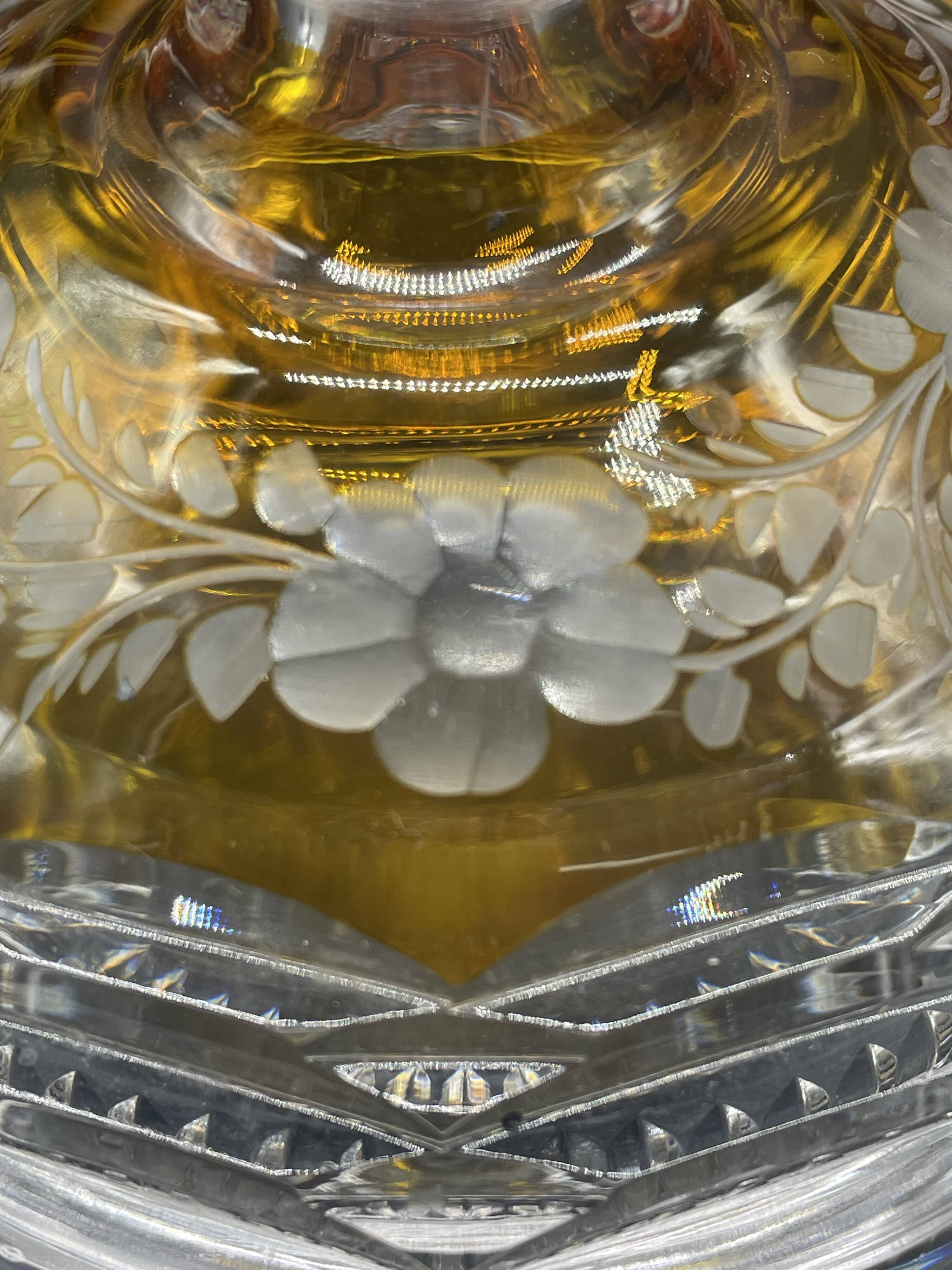 Bohemian crystal bottle, cut and engraved – Frosted floral decoration