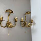 Lot de 2 appliques murales hollywood regency golden florentiner tiki style, italie 1970