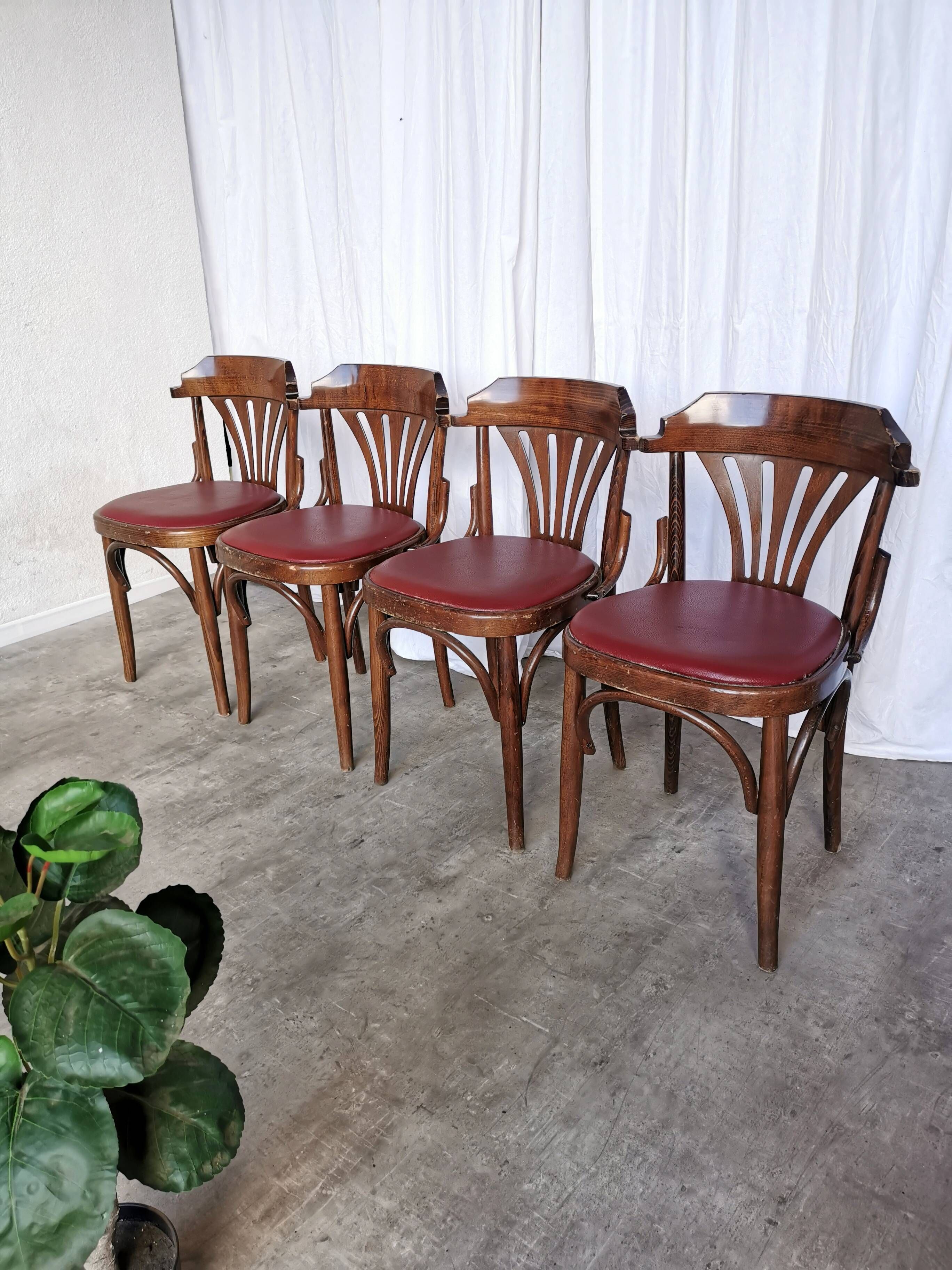 Vintage Bentwood Dining Chairs - Thonet Style - Red Faux Leather - Set of 4