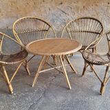 Salon, fauteuil et table en rotin 1960's