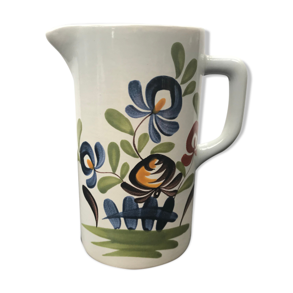 Ancien pichet Quimper gf céramique blanc décor fleurs peint + anse vintage