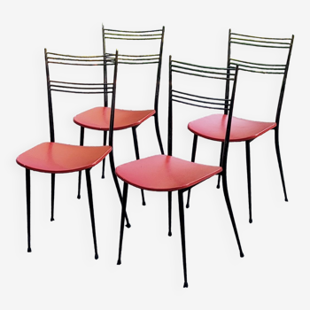 Set de 4 chaises vintage des années 50 en tubes métal noir assise en skaï rouge