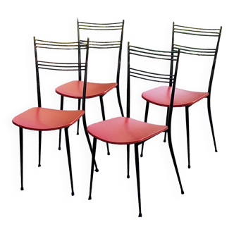 Set of 4 vintage chairs from the 50s in black metal tubes with red leatherette seats