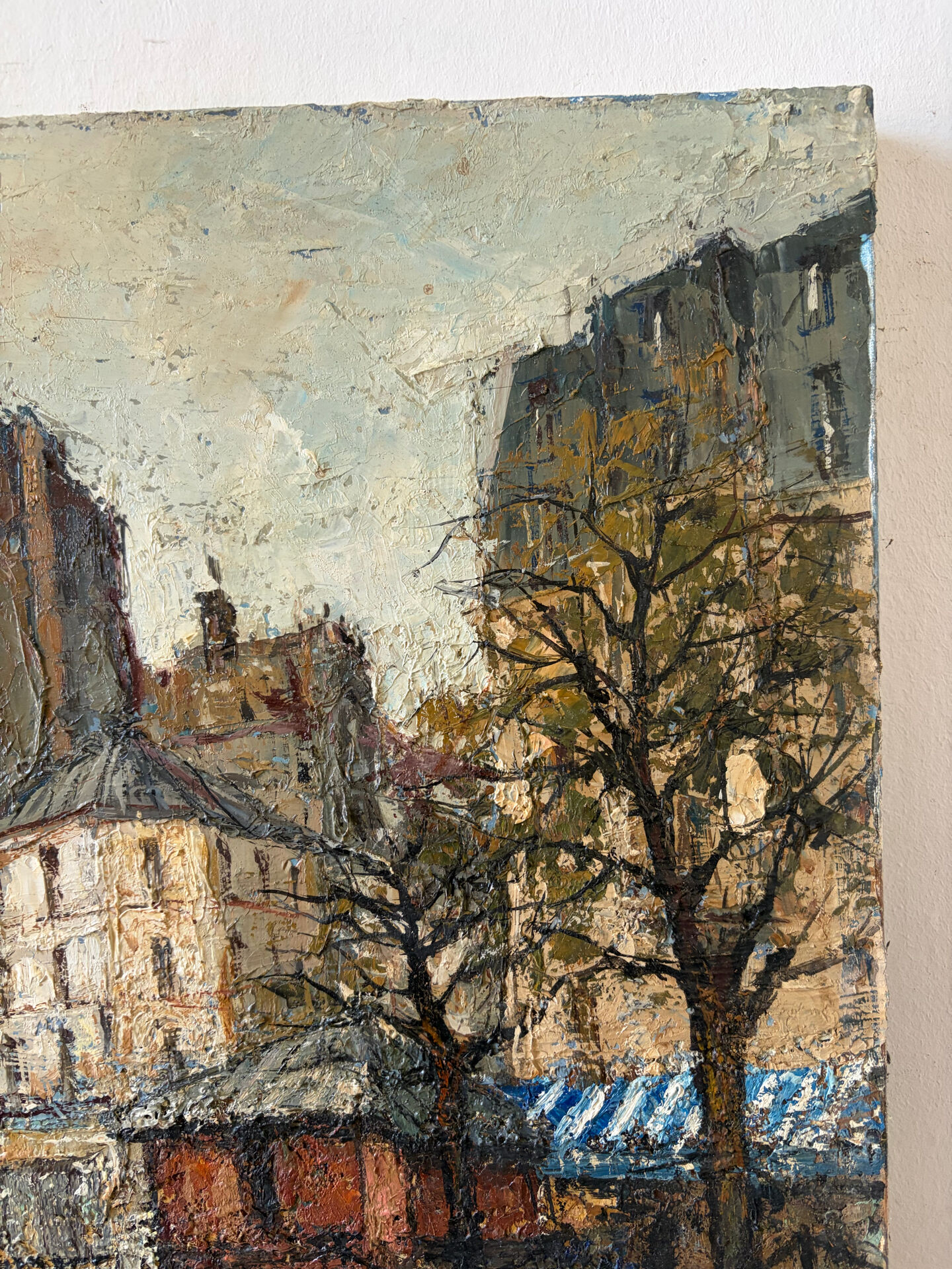 Saint Martin Canal in Paris, knife oil painting signed L Guerbier.