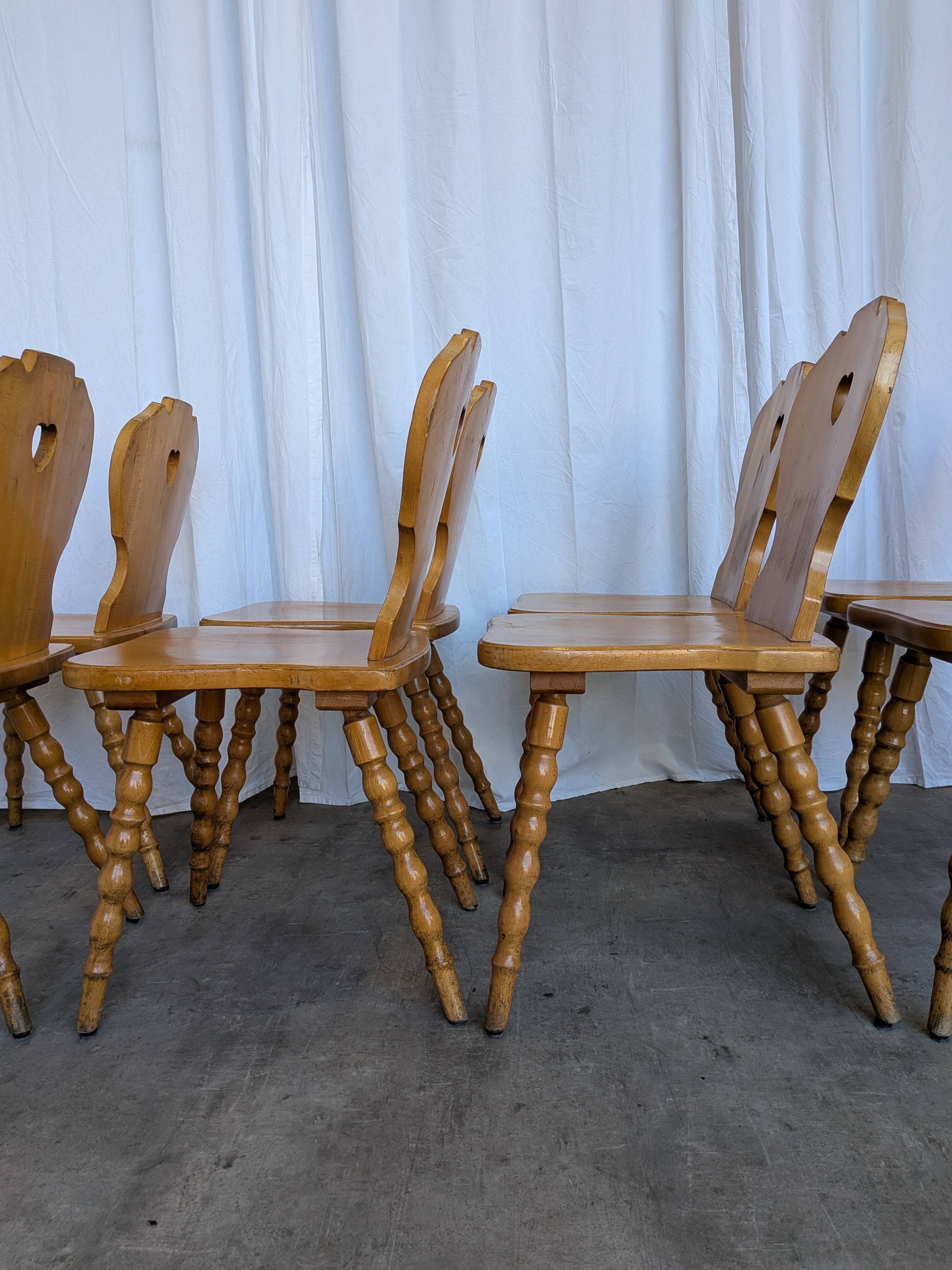 Set of 8 Vintage Tyrolean Heart Cutout Wooden Dining Chairs, Rustic Farmhou