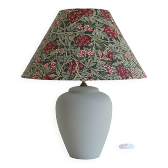 Lampe pied en céramique mate et abat-jour trapeze imprimé
