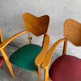 Set of 6 René-Jean Caillette Heart-Shaped Chairs, Bent Wood with Green & Burgundy Upholstery
