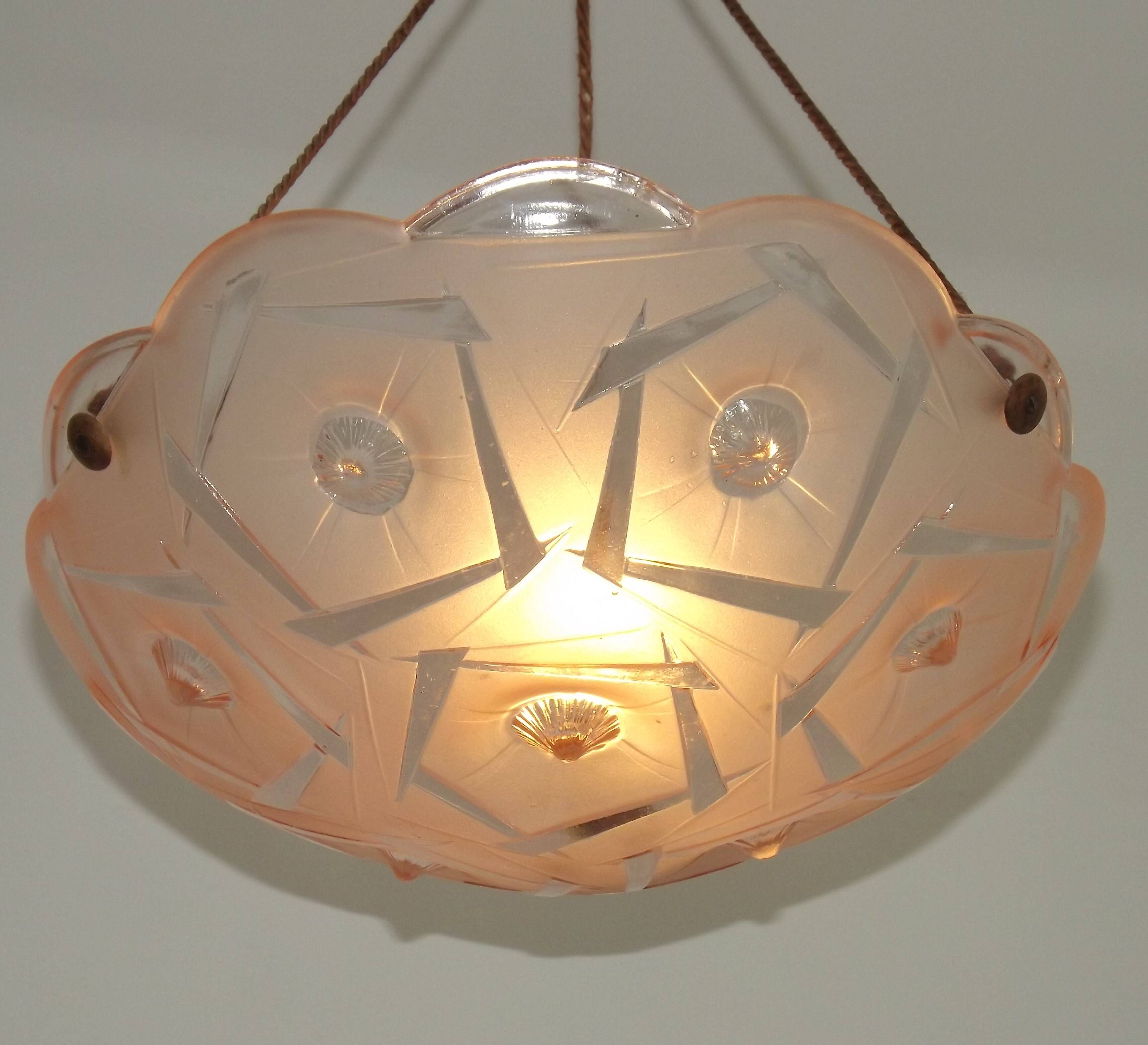 French Art Deco Stamped 1053 Pink Glass Plafonnier Hanging Light Pink Ropes