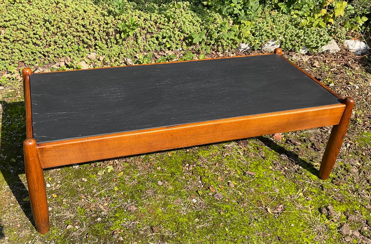 Solid oak and slate coffee table from the 50s-60s