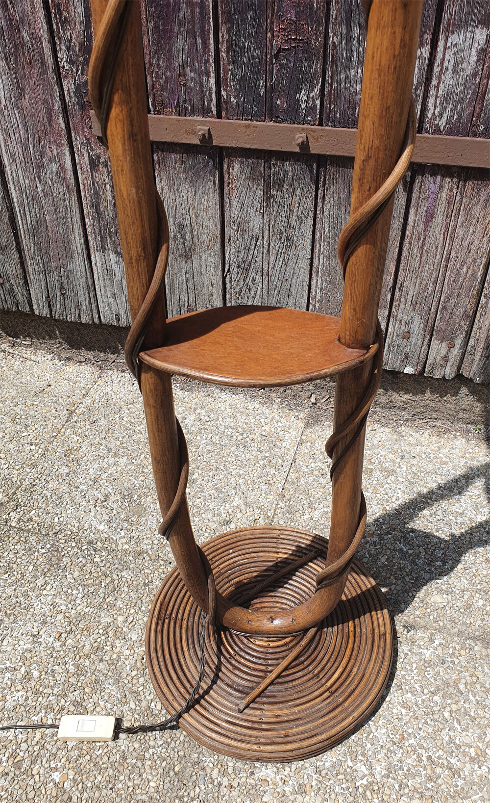 Floor lamp two lights, asymmetrical, bamboo and rattan, vintage, 70s
