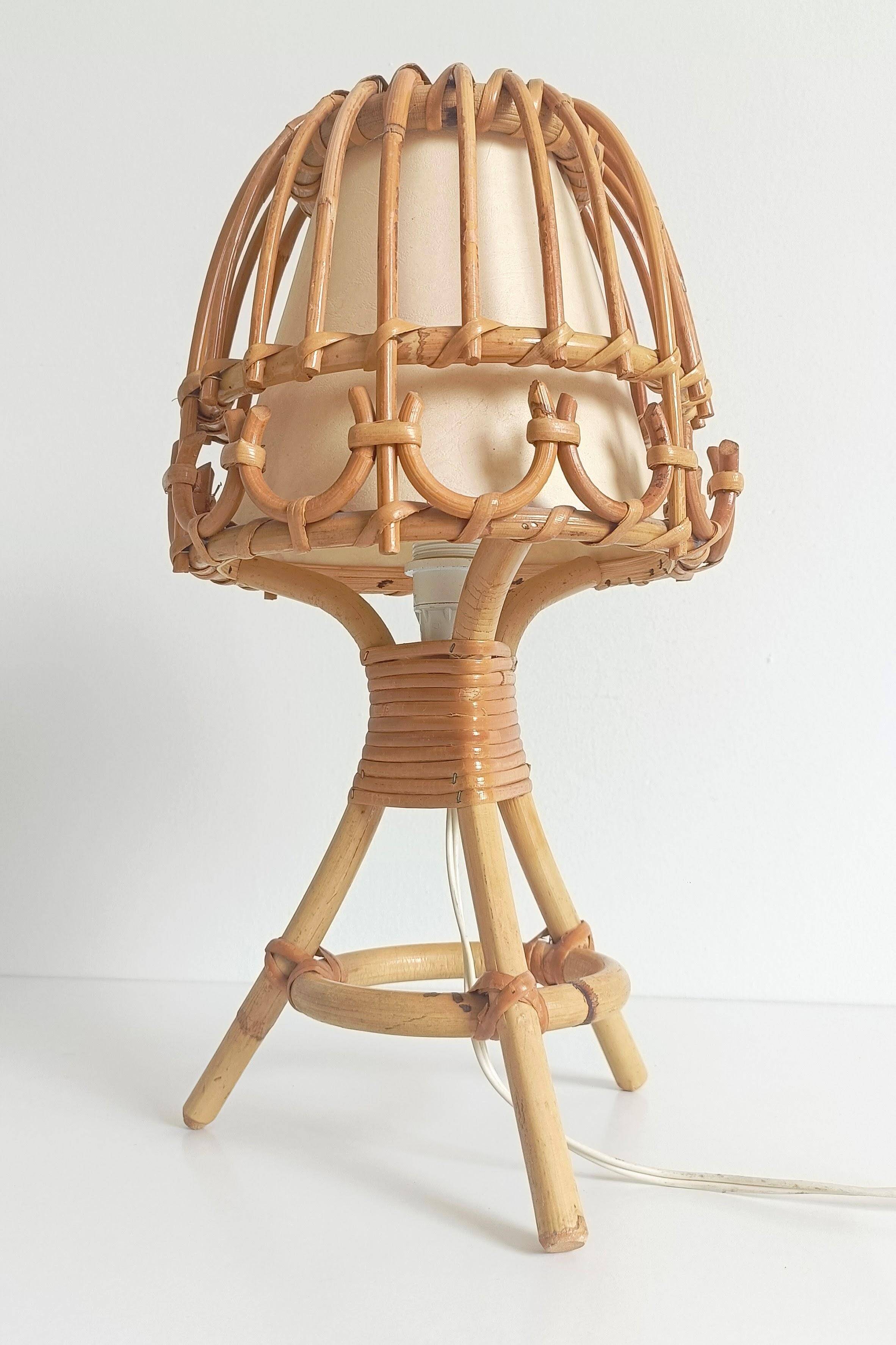 Midcentury Bamboo and Rattan Table Lamp, Attributed to Louis Sognot
