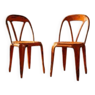 Set of 2 industrial metal dining chairs by Joseph Mathieu, painted steel, 1920s, France